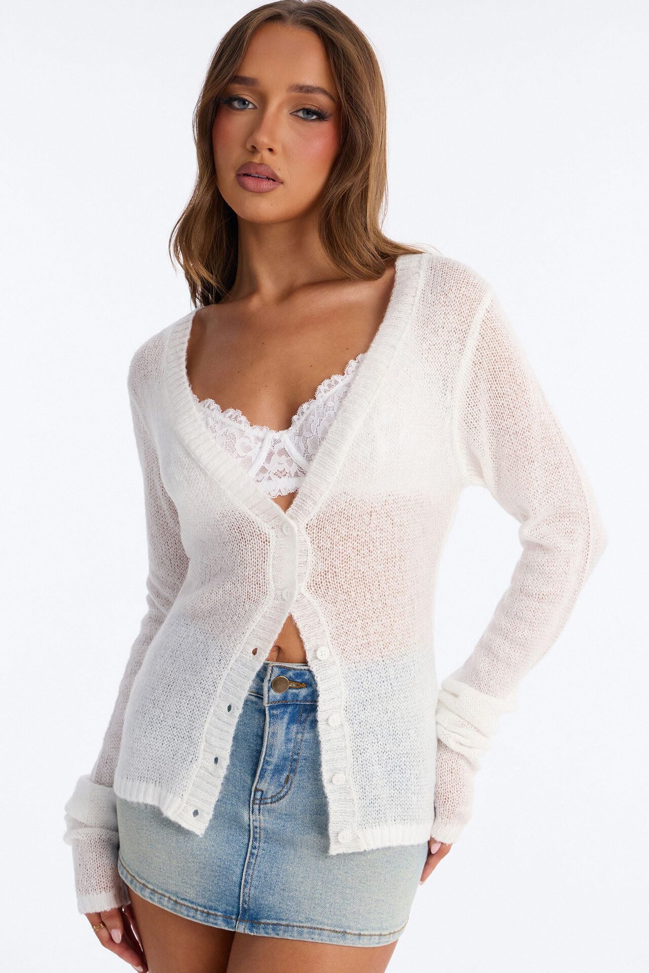 Sheer Me Out Long Sleeve Button Up Cardigan Sweater - Ivory