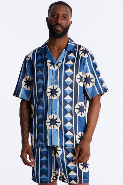 Toscana Geo Cuban Collar Shirt - Blue