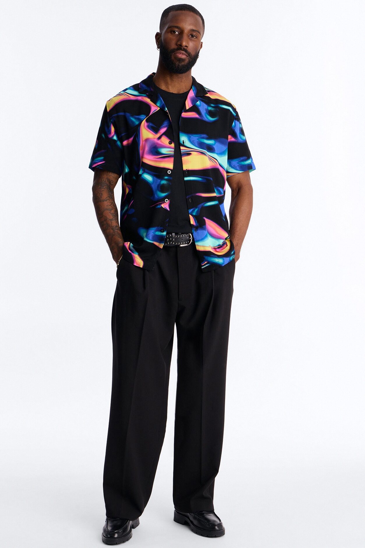 Retro Vibe Cuban Collar Button Up Shirt - Blue/combo