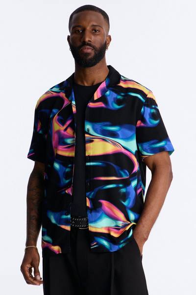 Retro Vibe Cuban Collar Button Up Shirt - Blue/combo