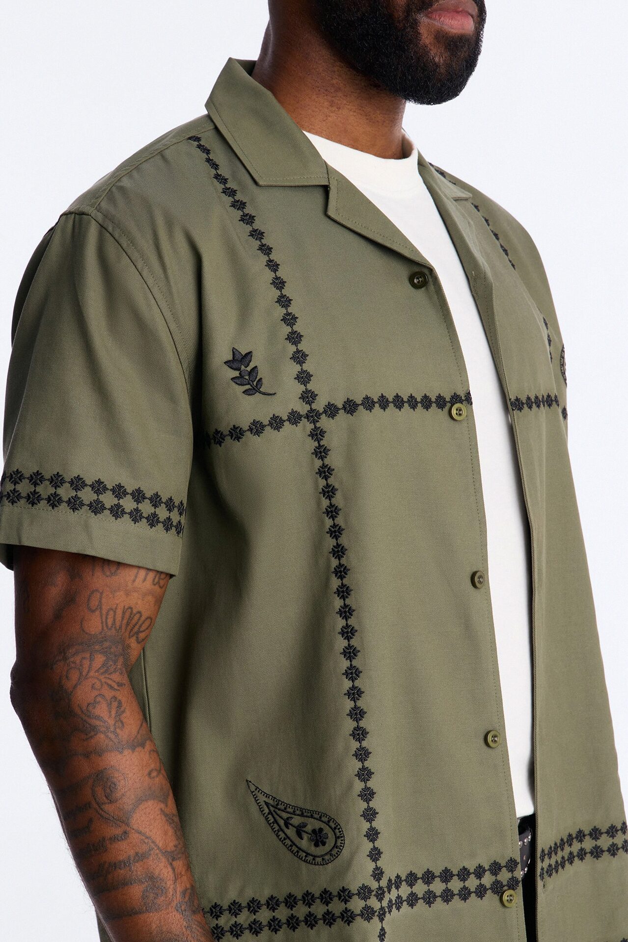 Coastal Embroidered Cuban Collar Button Up Shirt - Olive