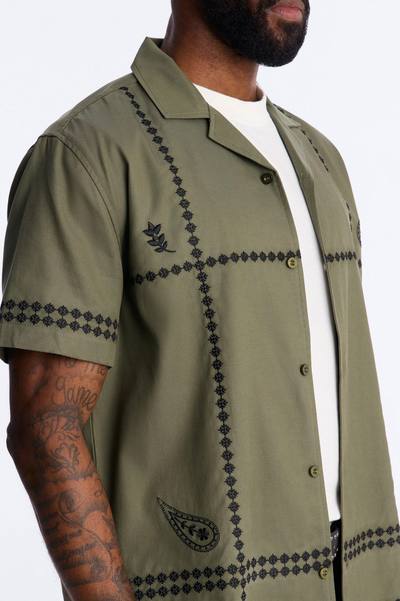 Coastal Embroidered Cuban Collar Button Up Shirt - Olive
