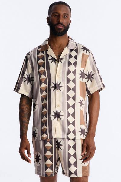 Toscana Geo Cuban Collar Shirt - Tan