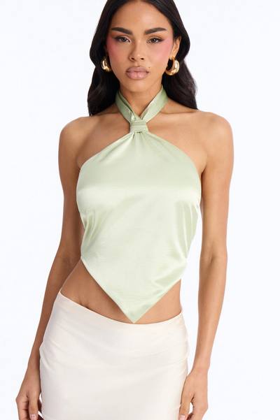 Pretty Things Tie Back Satin Halter Top - Sage