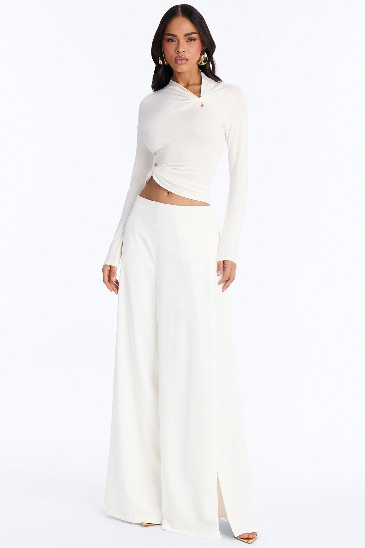 Pin Me Asymmetrical Neck Long Sleeve Top - White