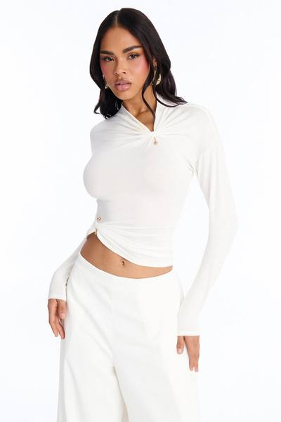Pin Me Asymmetrical Neck Long Sleeve Top - White