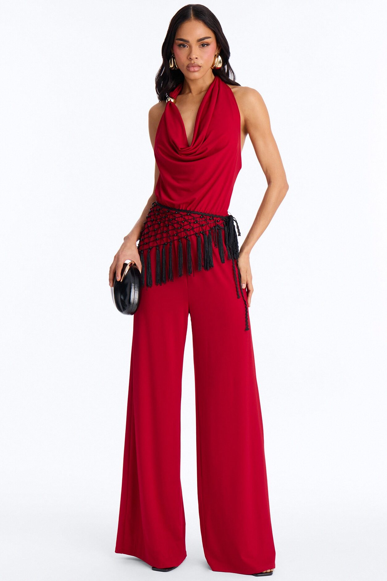 Ilaria Jumpsuit And Beaded Waist Scarf - Red