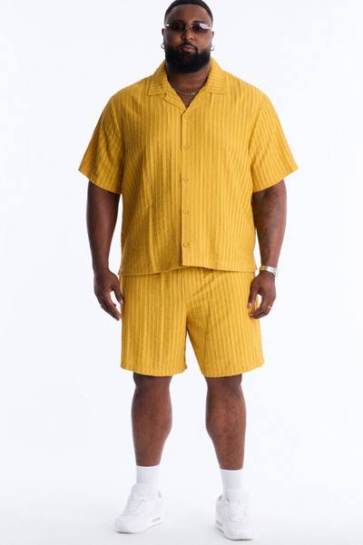 Relaxed Aegean Pleat Cuban Collar Button Up - Mustard