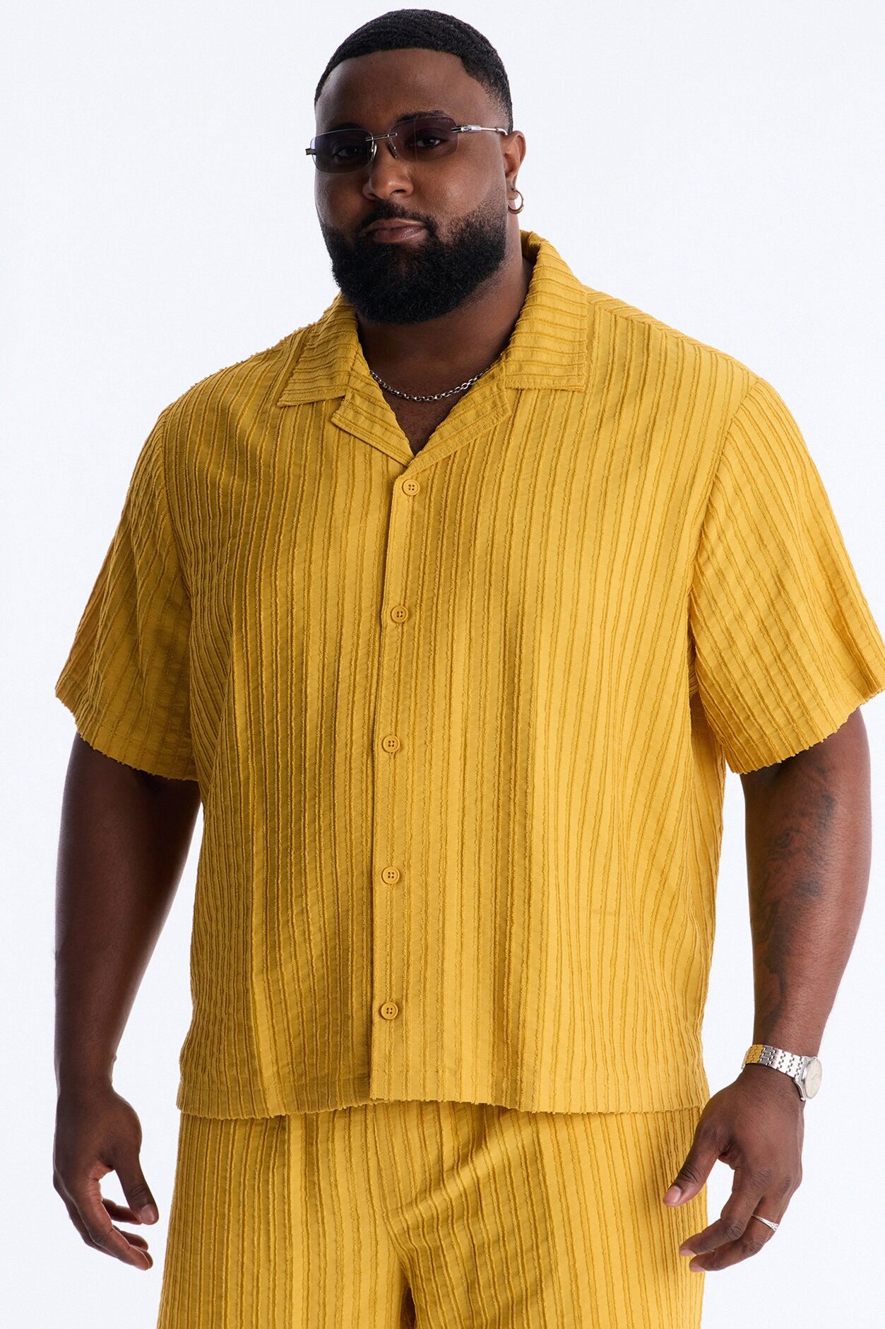 Relaxed Aegean Pleat Cuban Collar Button Up - Mustard