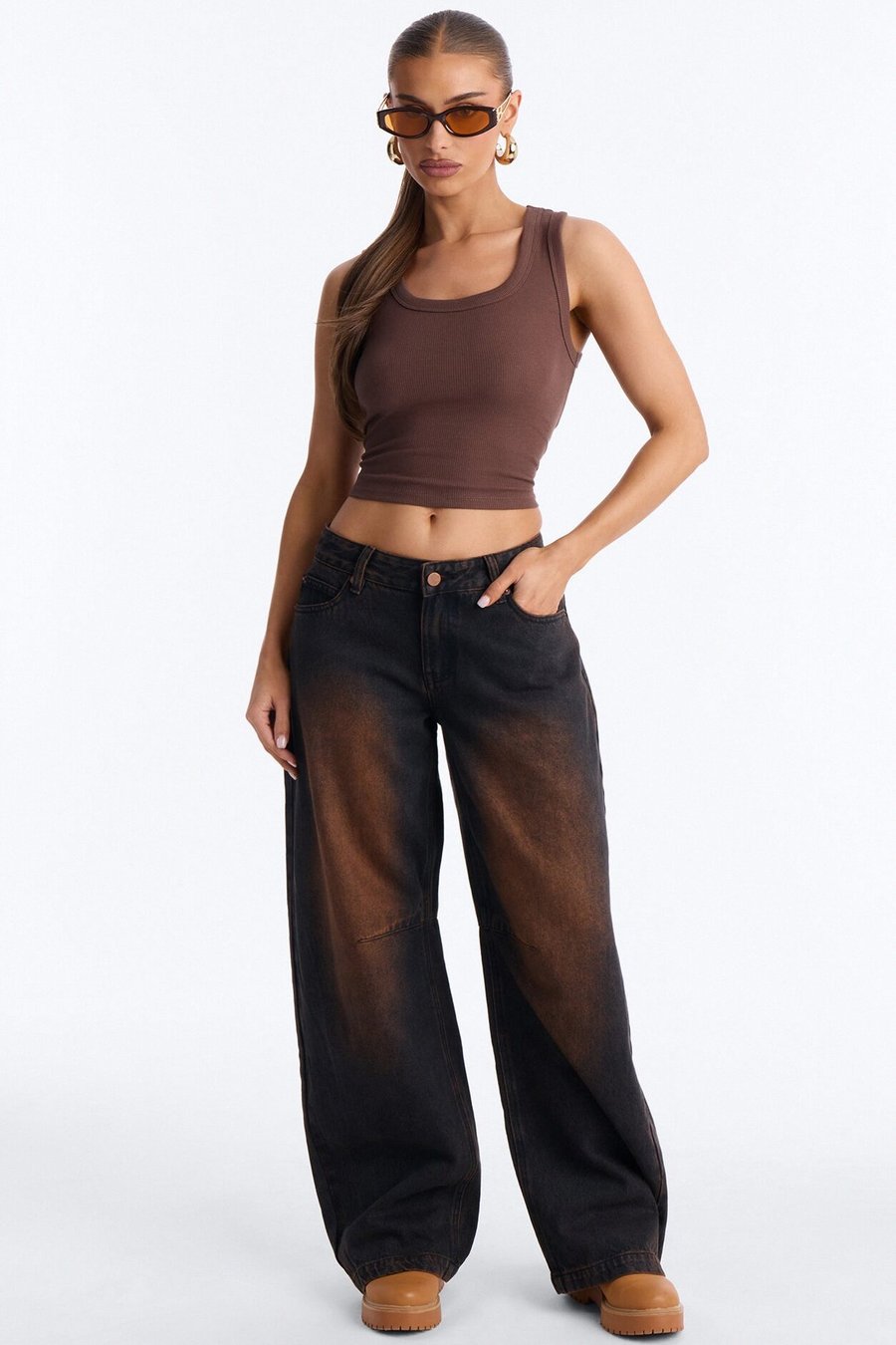 By My Side Low Waist Tinted Barrel Jeans - Brown