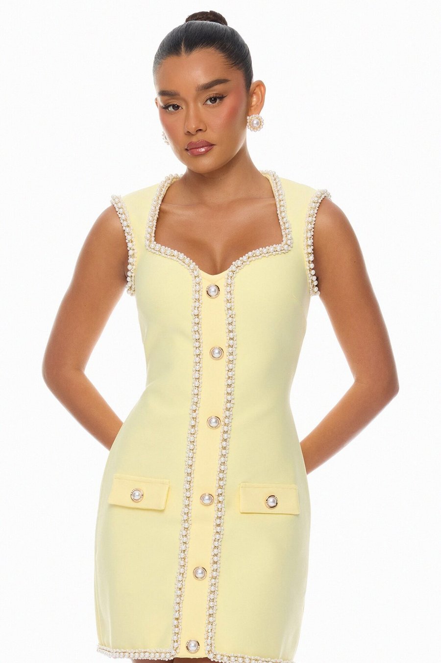 Victoria Pearl Trim Bandage Mini Dress - Yellow