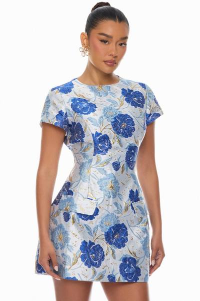 Florencia Short Sleeve Jacquard Mini Dress - Blue/combo