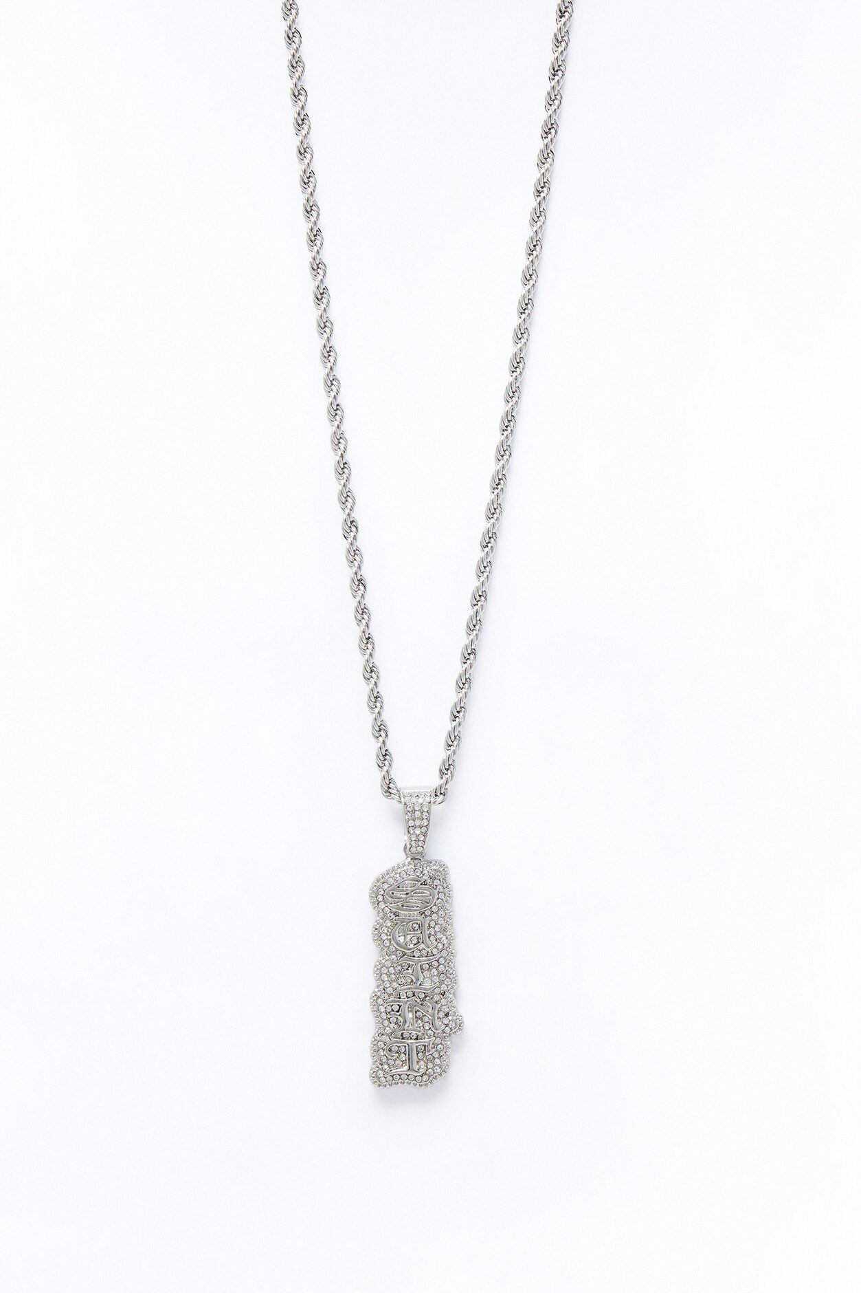 Saint Script Vertical Iced Pendant Necklace - Silver