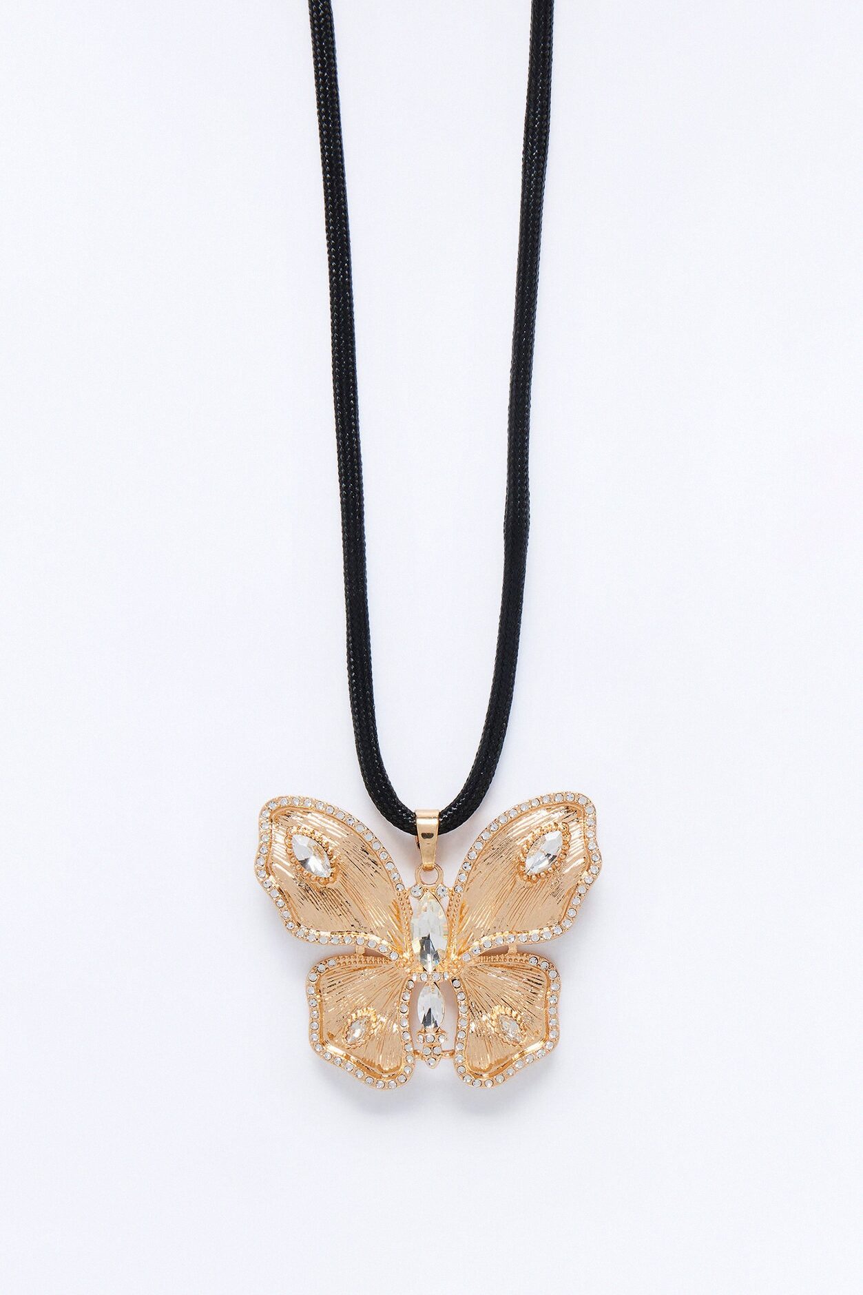 Flutter Bliss Rhinestone Butterfly Pendant Necklace - Gold/Black