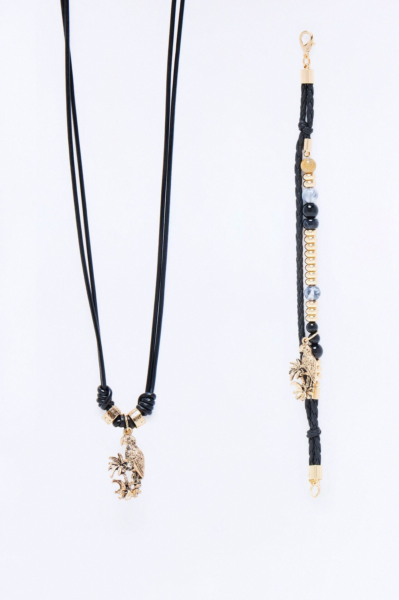 Island Faux Leather Cording Necklace And Bracelet Set - Grey/Gold