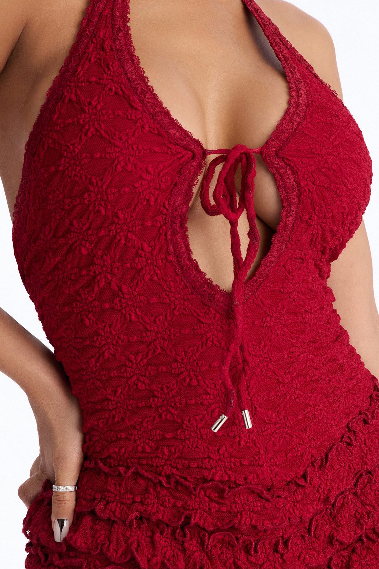 Fia Lace Halter Micro Short Romper - Red