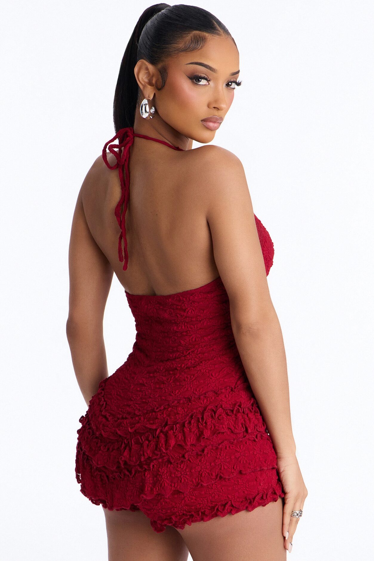 Fia Lace Halter Micro Short Romper - Red