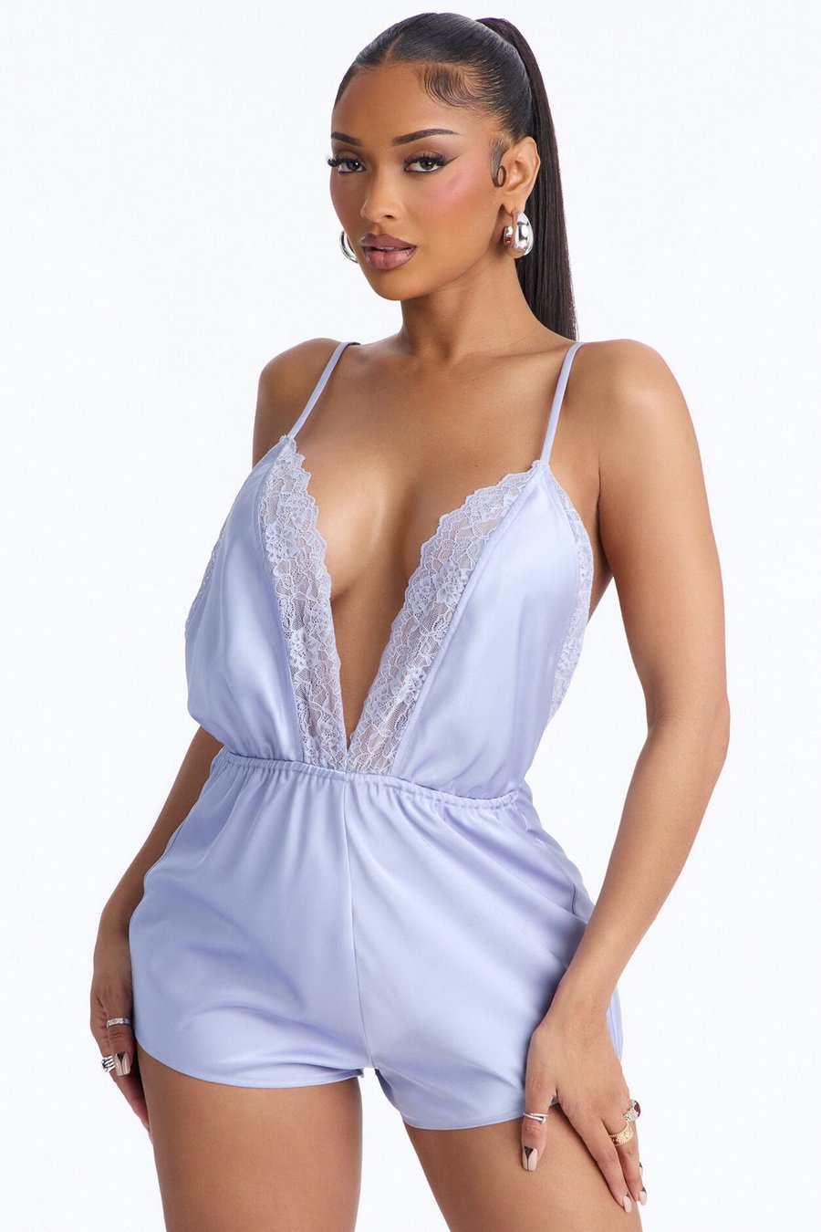 Grace Satin Backless Micro Romper - Blue