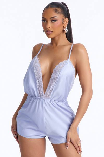 Grace Satin Backless Micro Romper - Dusty Blue