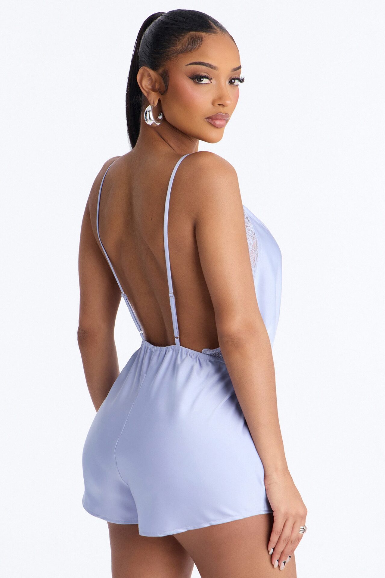 Grace Satin Backless Micro Romper - Dusty Blue