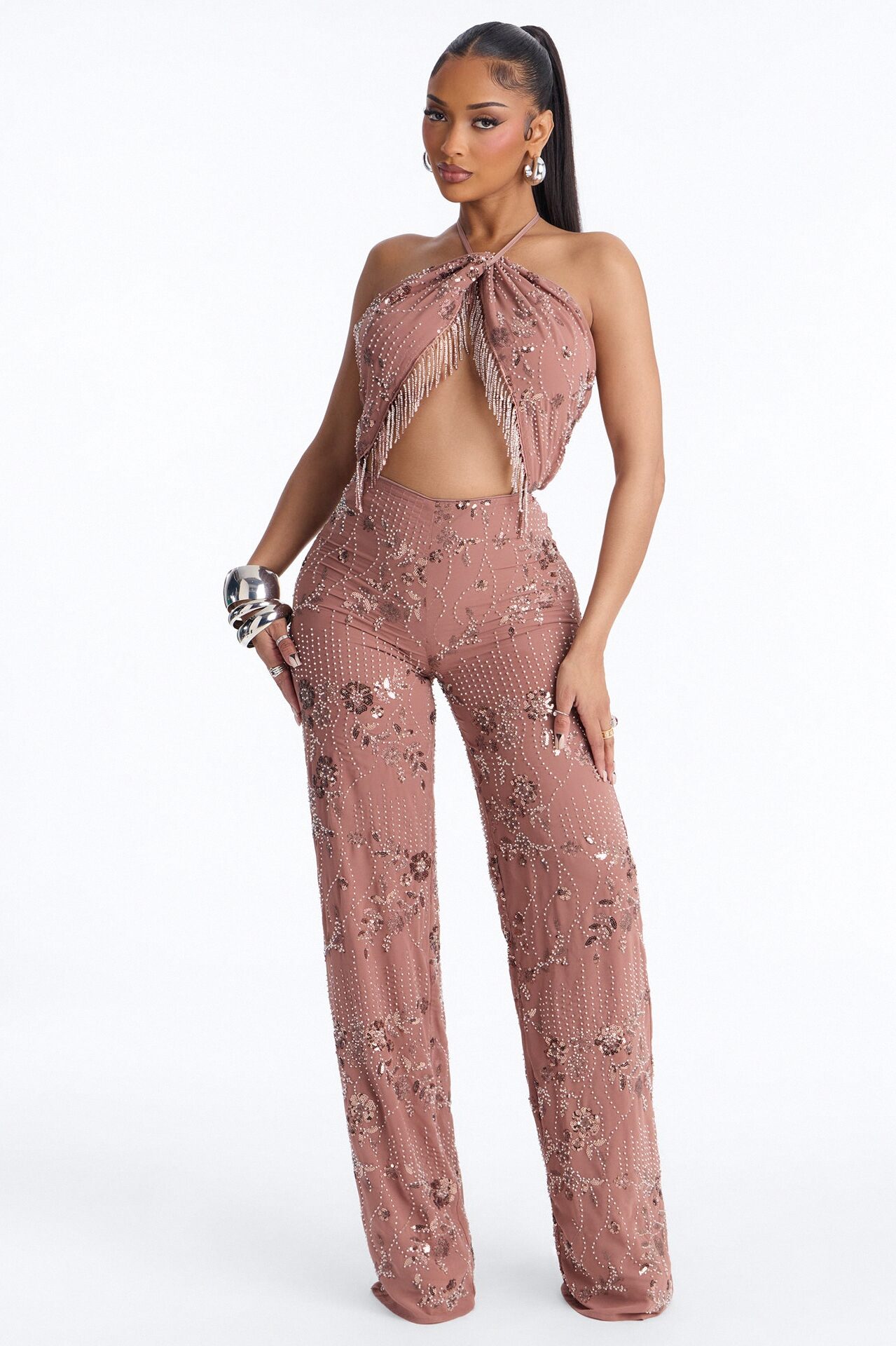 Anya Embellished Chiffon Jumpsuit - Chocolate