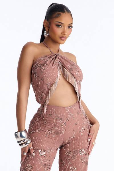 Anya Embellished Chiffon Jumpsuit - Chocolate