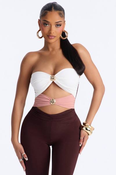 Selena Cut Out Flare Leg Jumpsuit - Brown/combo