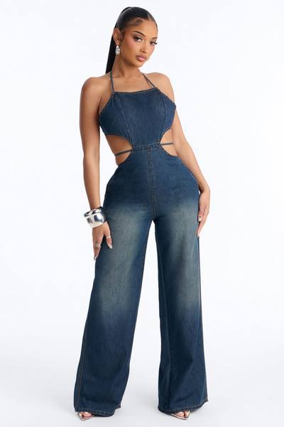 Jules Denim Cut Out Wide Leg Jumpsuit - Dark Wash