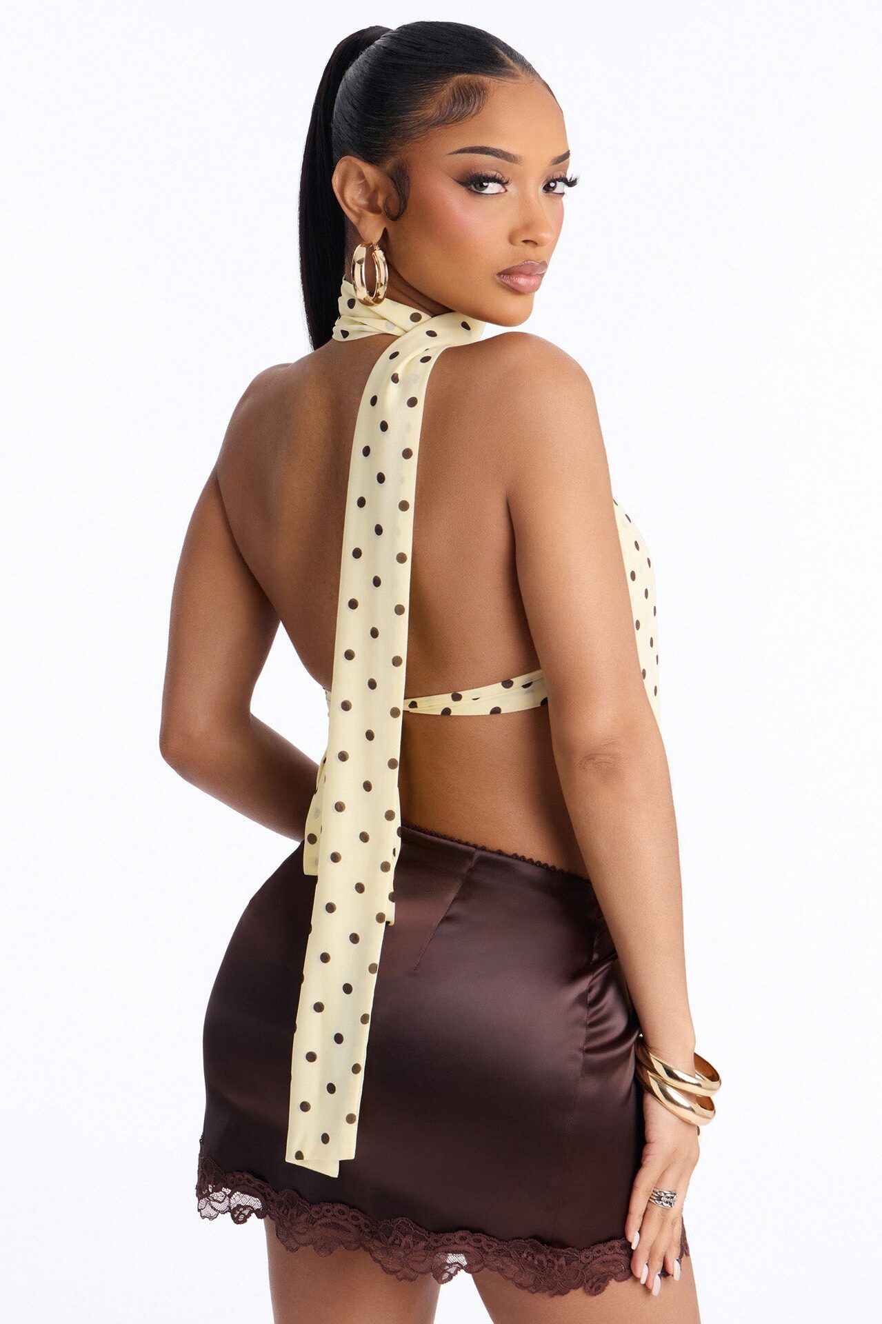 Sweet Tea Polka Dot Scarf Halter Top 2 Piece Set - Yellow/combo
