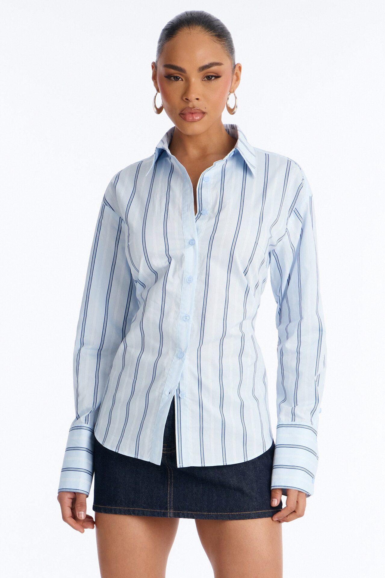 Silent Flex Lace Up Stripe Poplin Shirt - Blue/combo