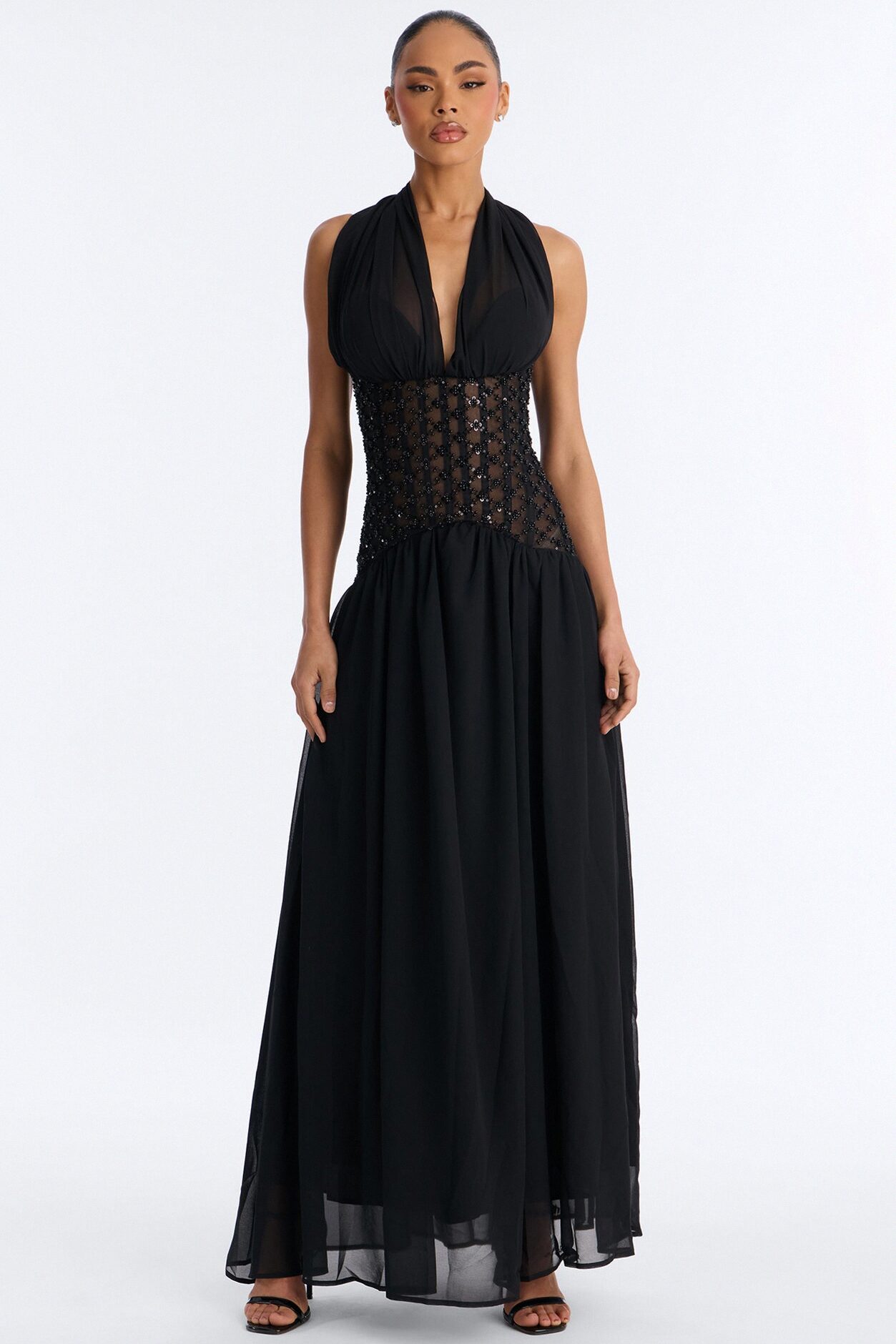 Radiant Aura Embellished Corset Maxi Dress - Black
