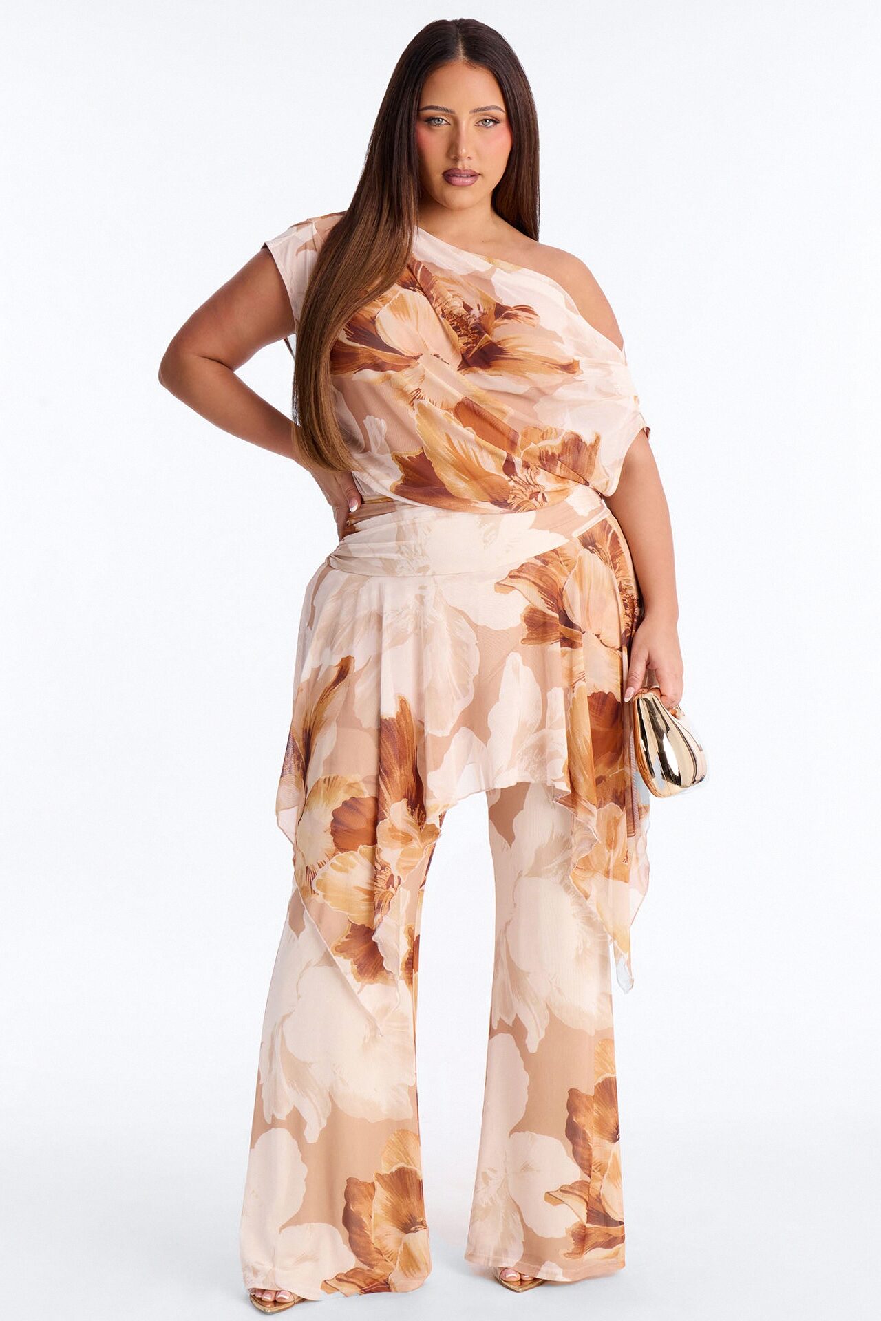 Syndi Mesh Draped Jumpsuit - Orange/combo