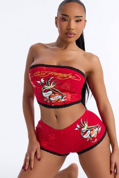 Ed Hardy Born Free Tube Top PJ Short Set - Red