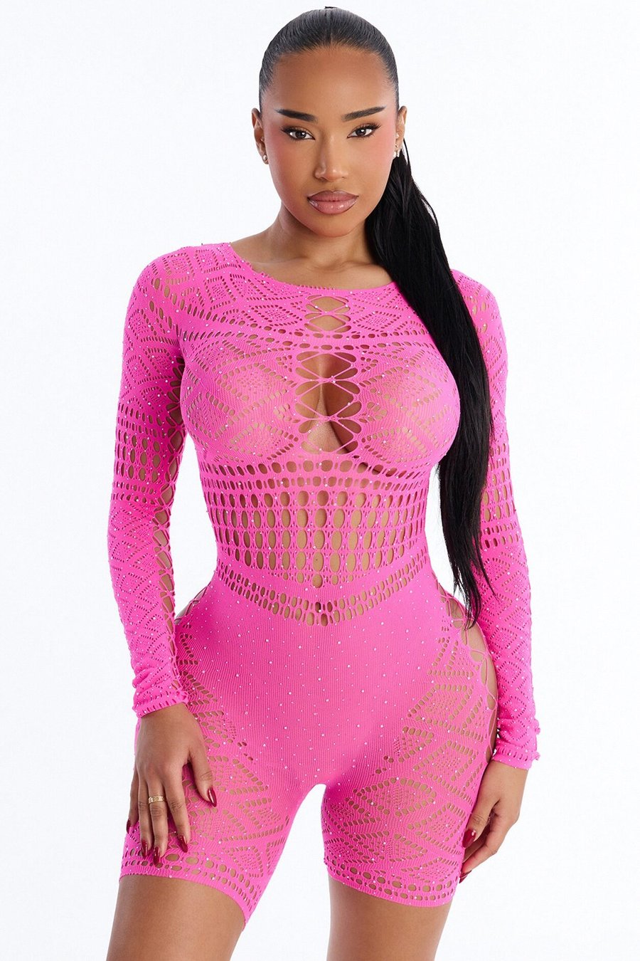 Keep Off Cut Out Fishnet Romper Bodystocking - Pink
