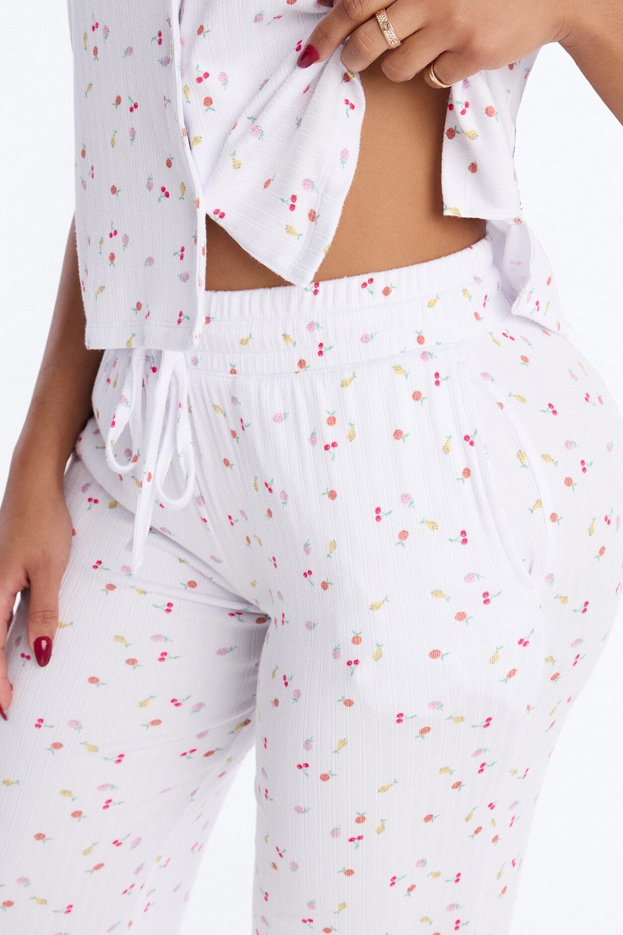 Fruit Toss Notch Collar PJ Pant Set - White