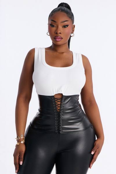 No Apologies Faux Leather Lace Up Tank Top - White/Black