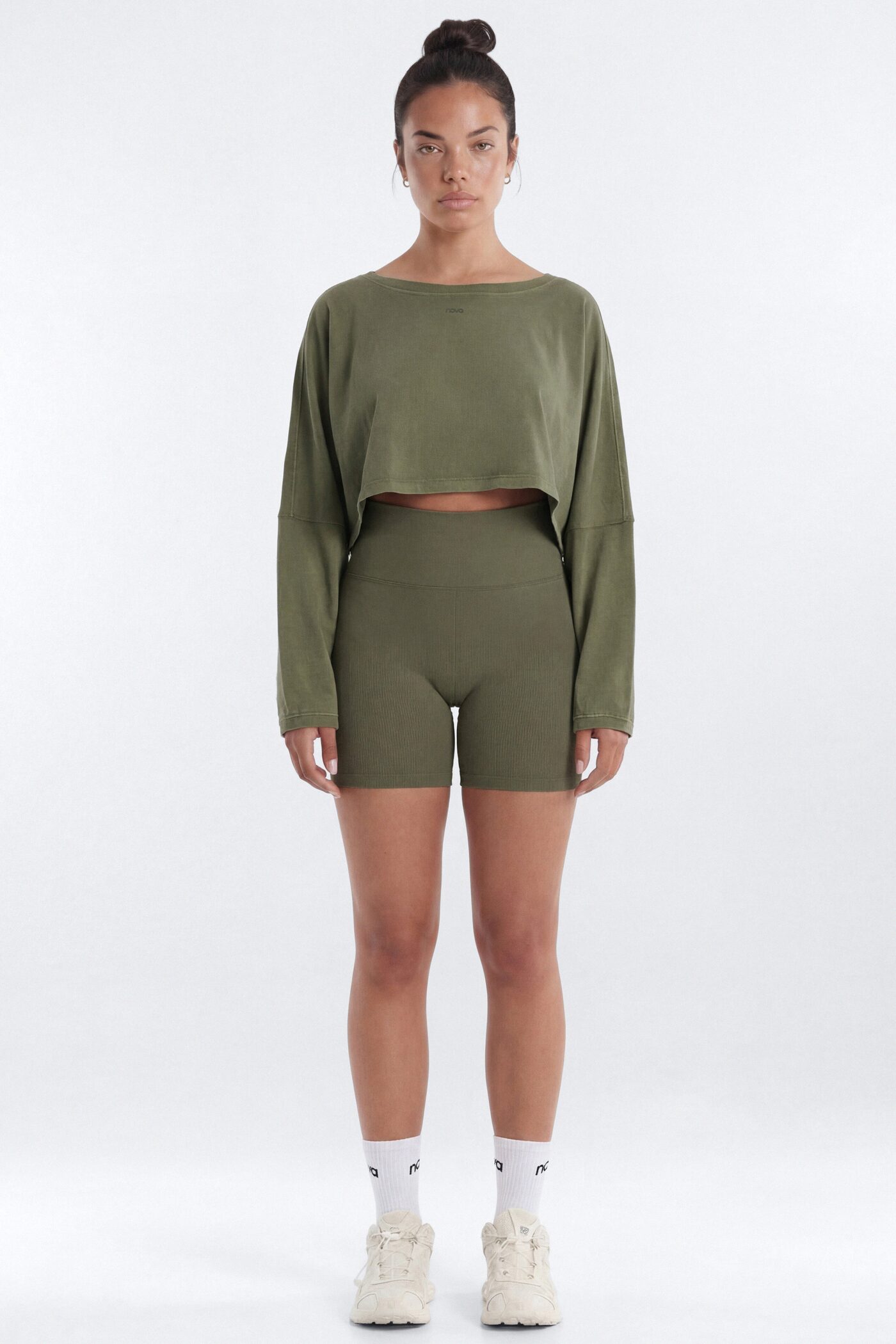 Cotton Jersey Long Sleeve Cropped Top - Moss
