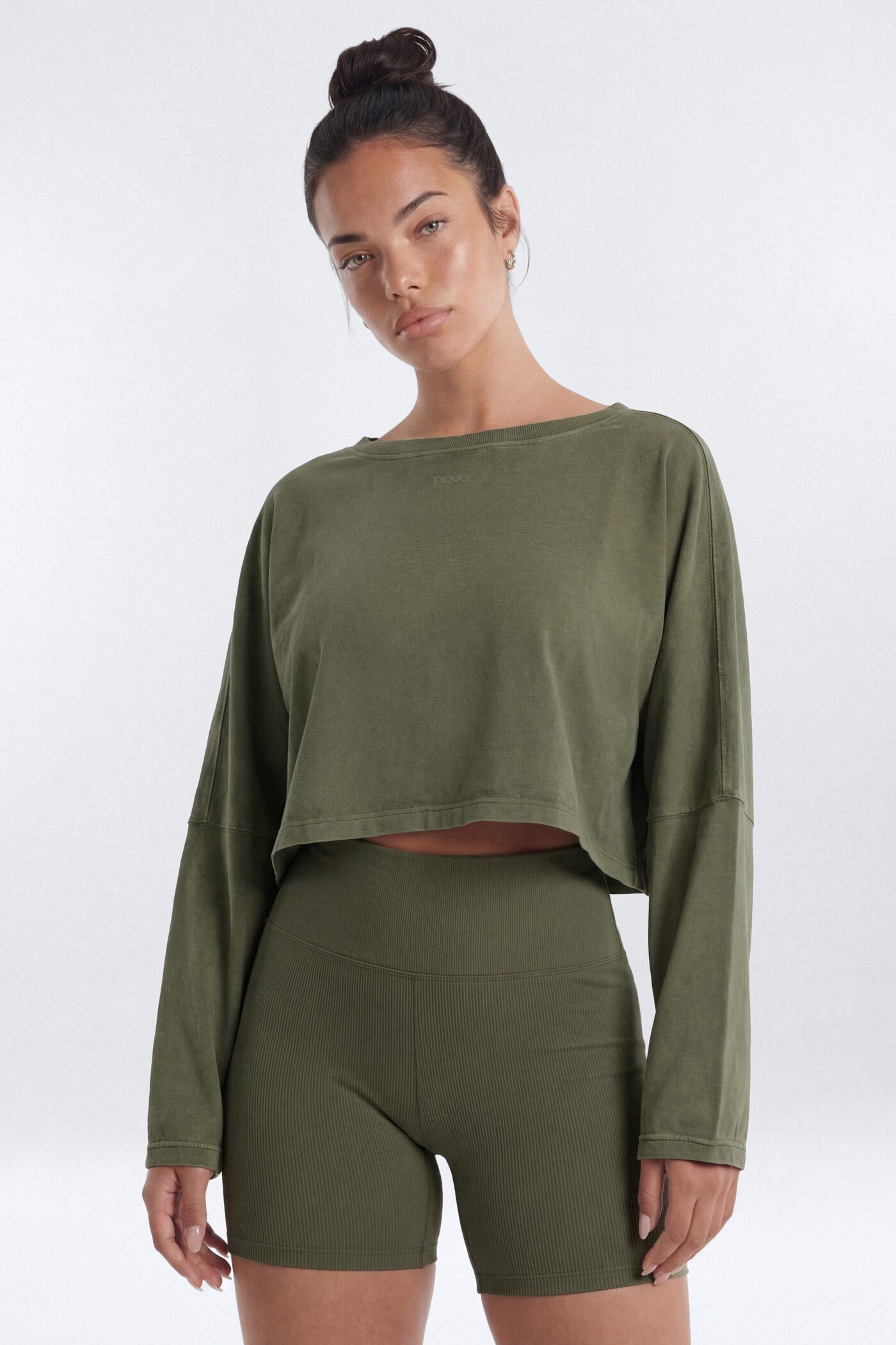 Cotton Jersey Long Sleeve Cropped Top - Moss