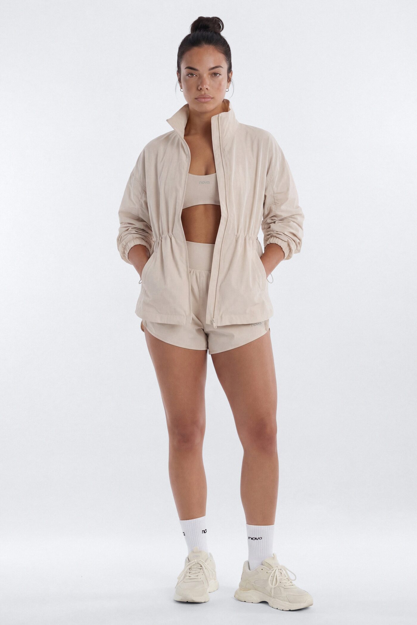 CoreNylon Ruched Mock Neck Jacket - Oat Milk