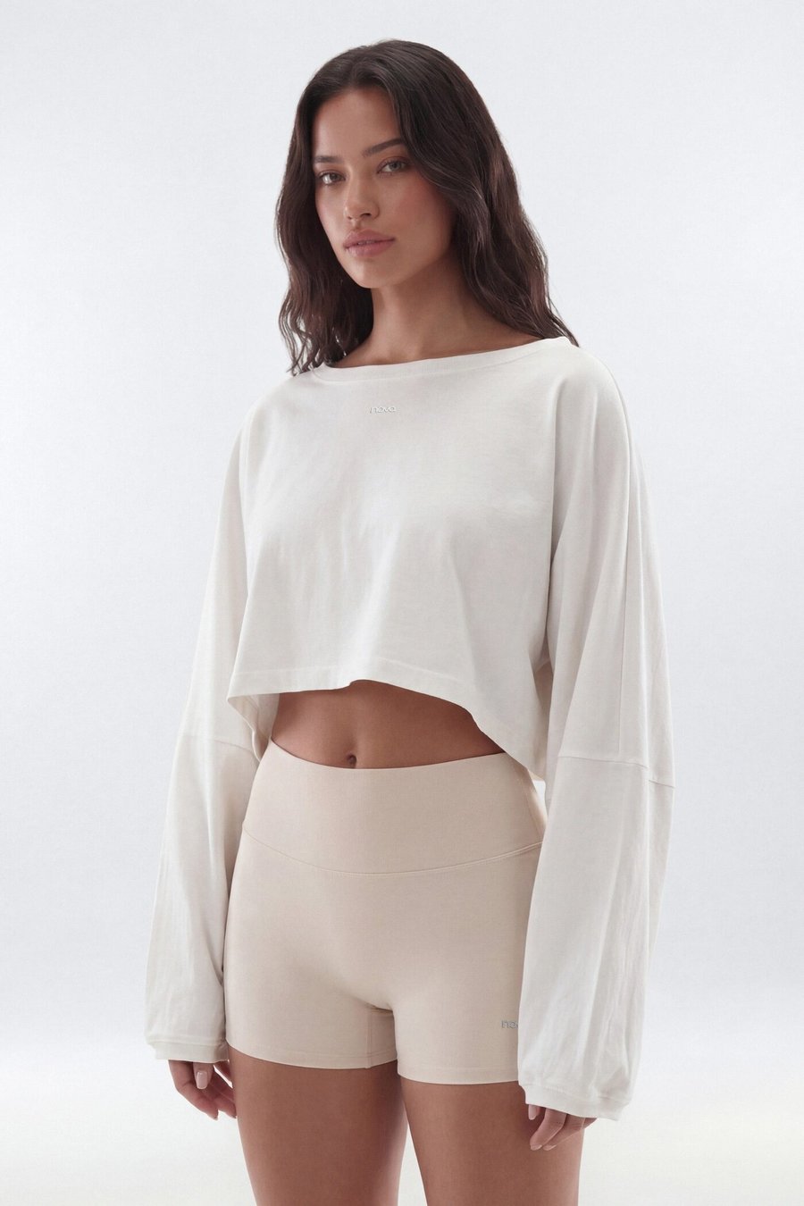 Cotton Jersey Long Sleeve Cropped Top - White