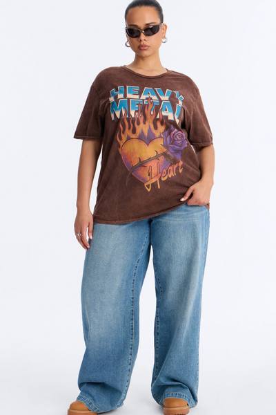 Heavy Metal Flaming Heart Washed Tee - Brown