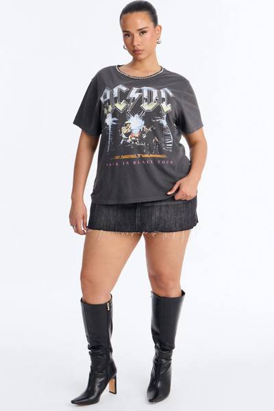 ACDC Jeweled Neck Washed Tee - Black Wash