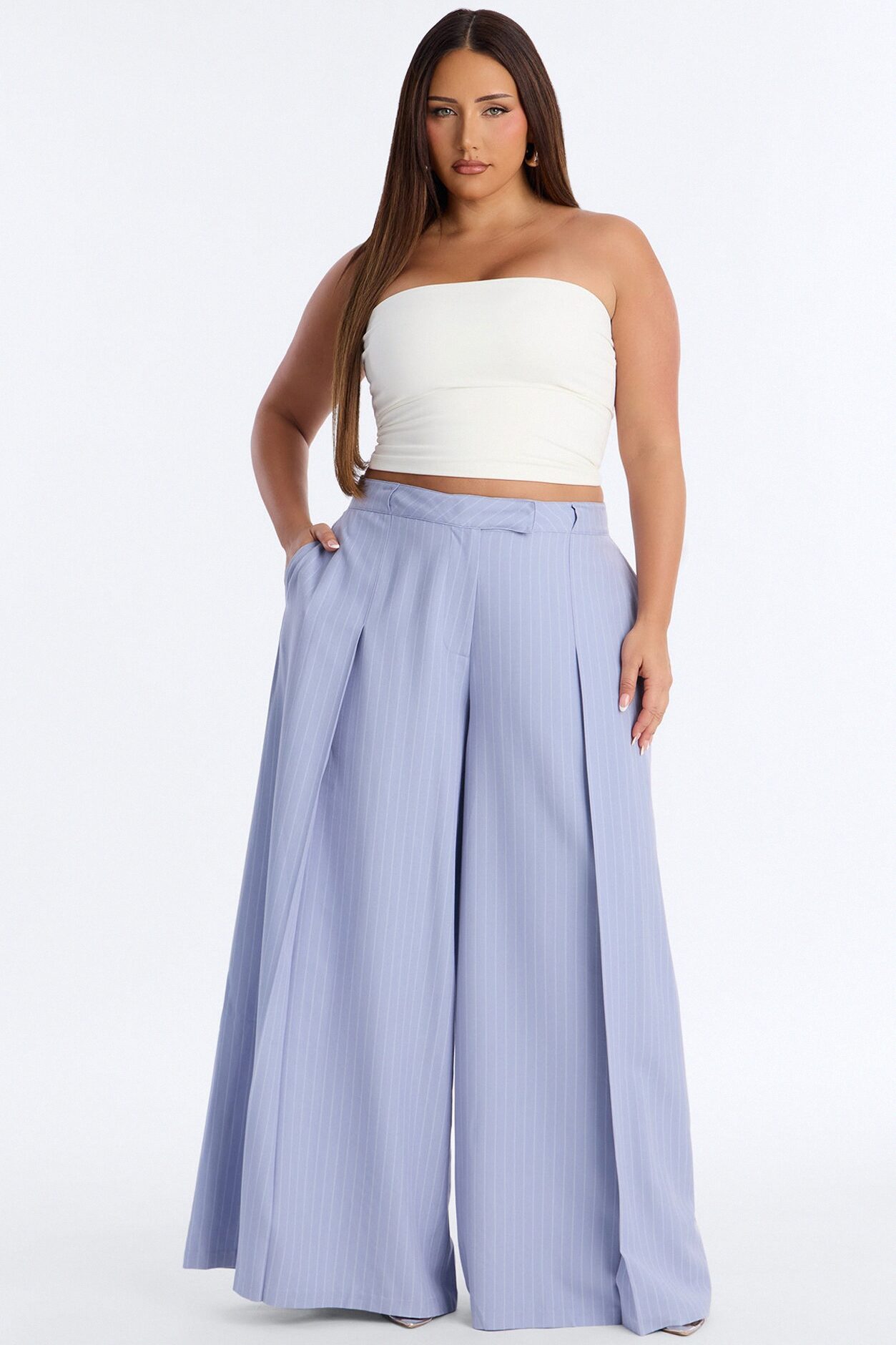 Catch A Break Pinstripe Wide Leg Pant 33″ - Blue/combo