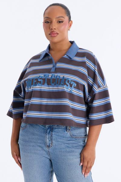 West Coast Stripe Cropped Polo Top - Blue/combo