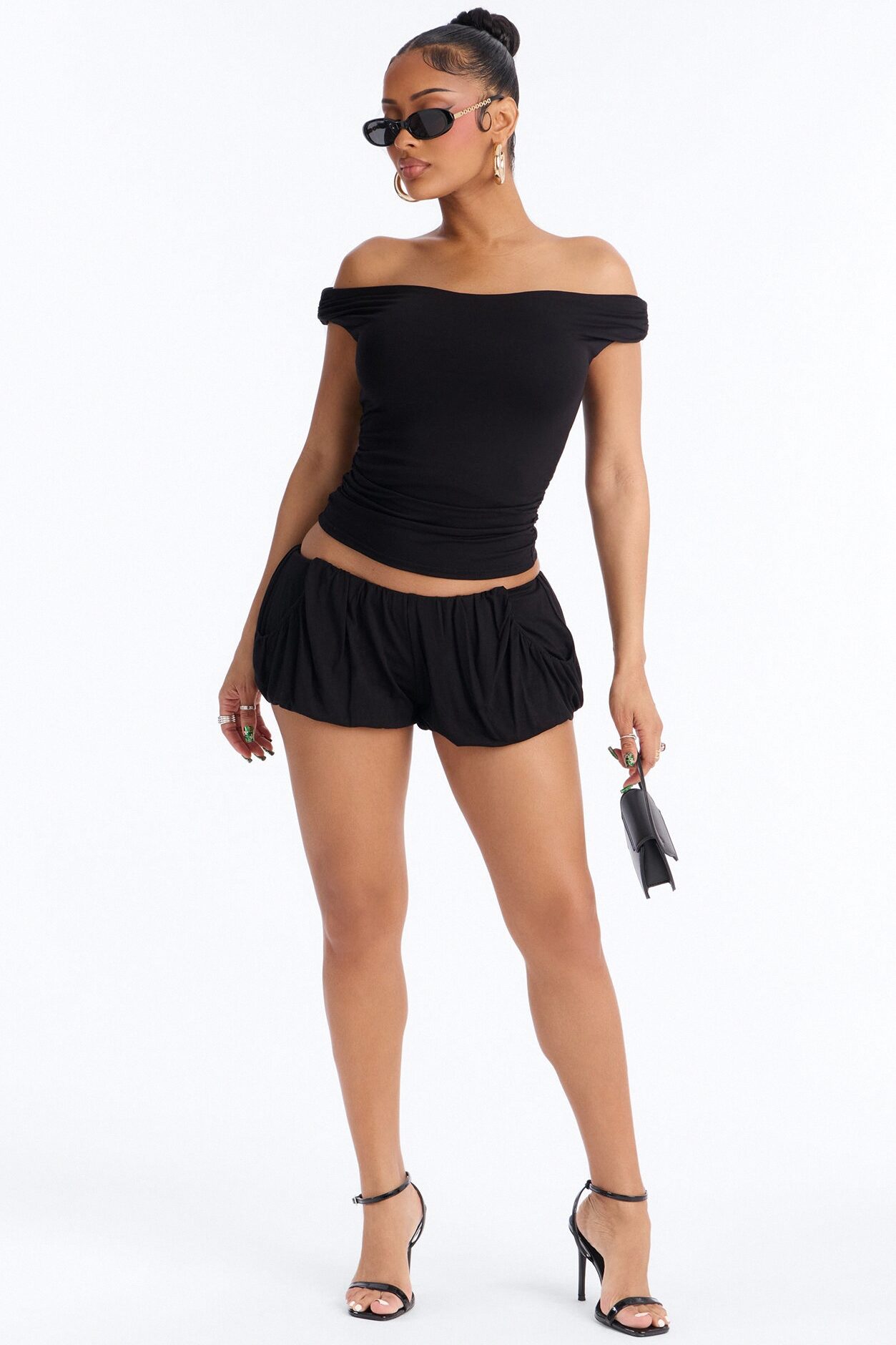 Kennedy Off Shoulder Bubble Short Set - Black