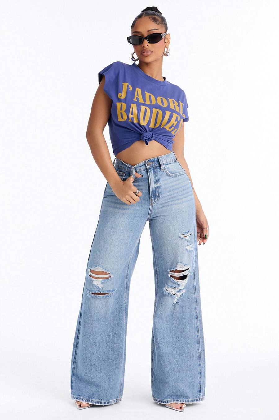 J'Adore Baddies Tie Front Muscle Tank - Navy