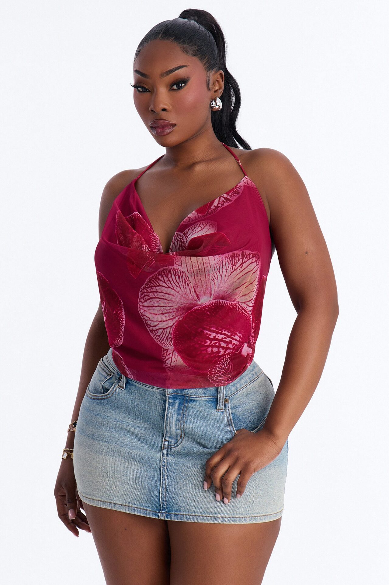 Kauai Mesh Cowl Neck Halter Top - Burgundy/combo