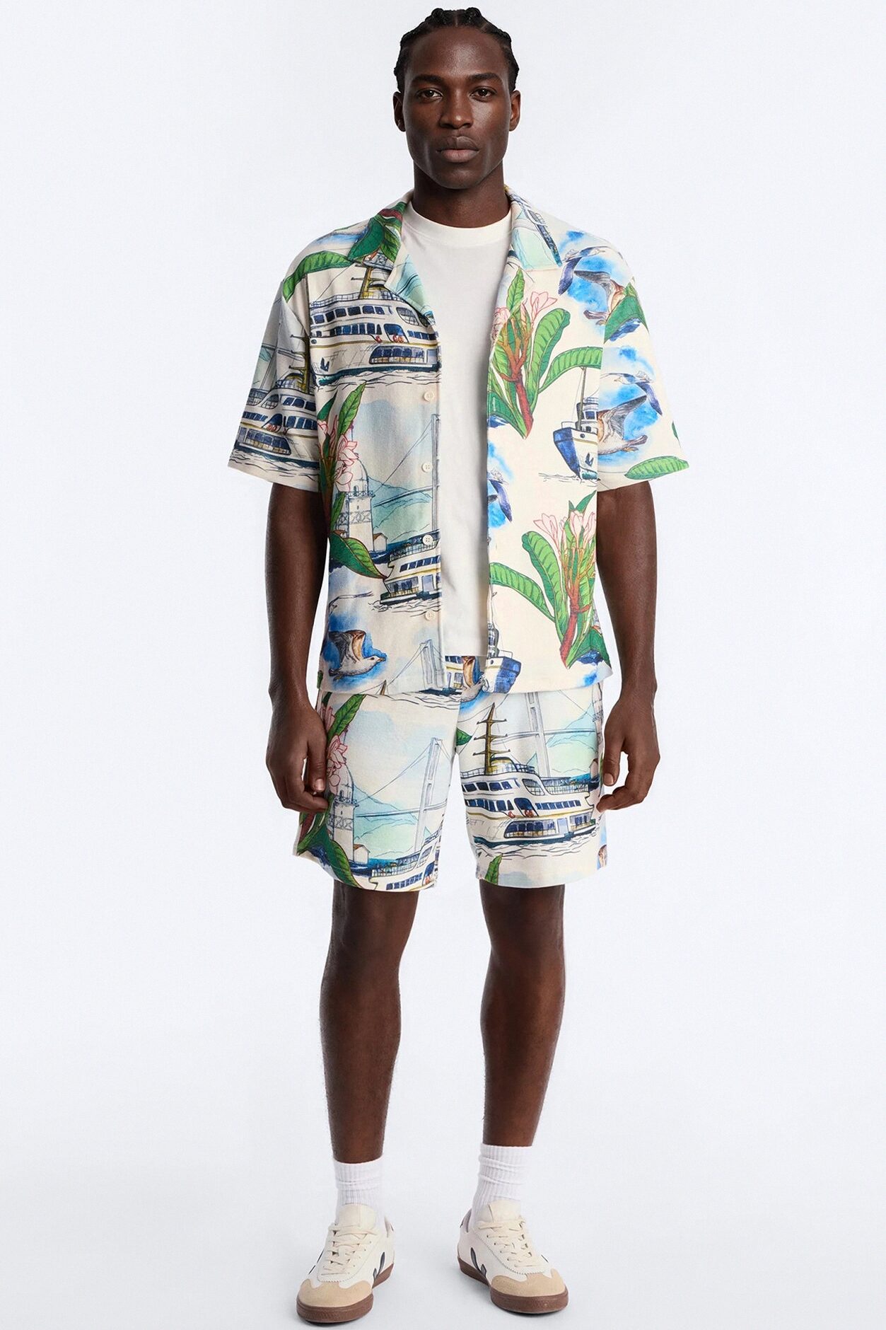 Relaxed Portofino Vista Cuban Collar Button Up Shirt - Multi Color