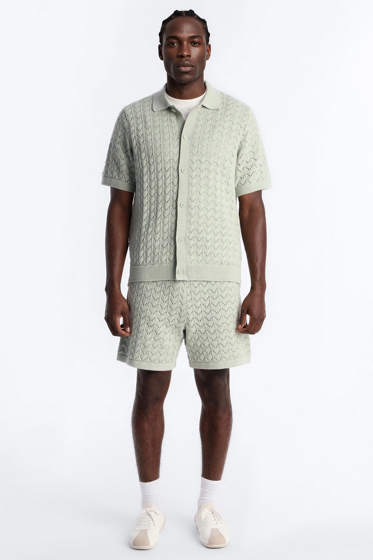 Waterfall Texture Open Knit Shirt - Sage