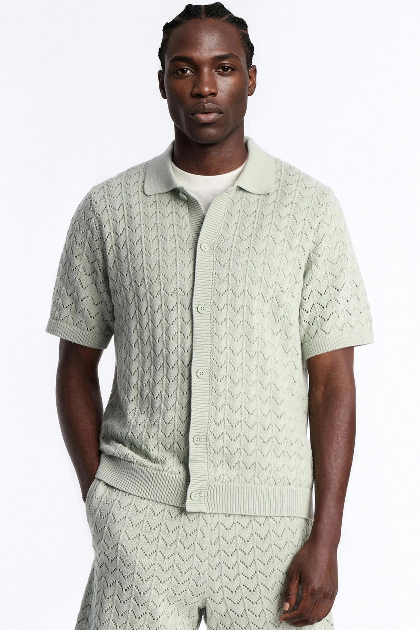 Waterfall Texture Open Knit Shirt - Sage